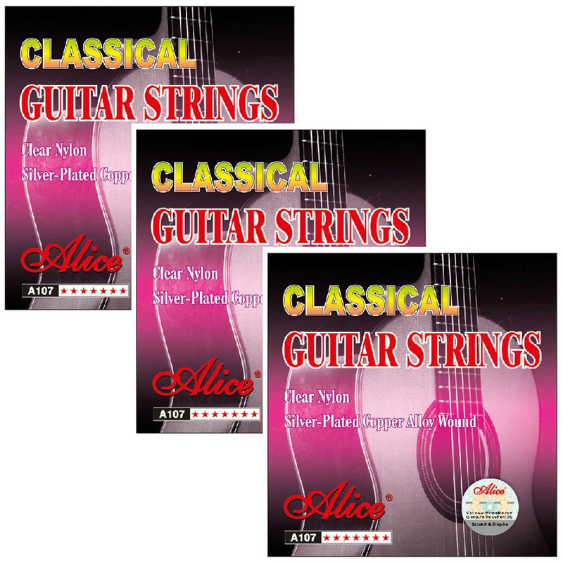 3 Packs Alice A107 Standard Tension 028-043 Clear Nylon Silver Plated Copper Alloy Wound Classical Guitar Strings