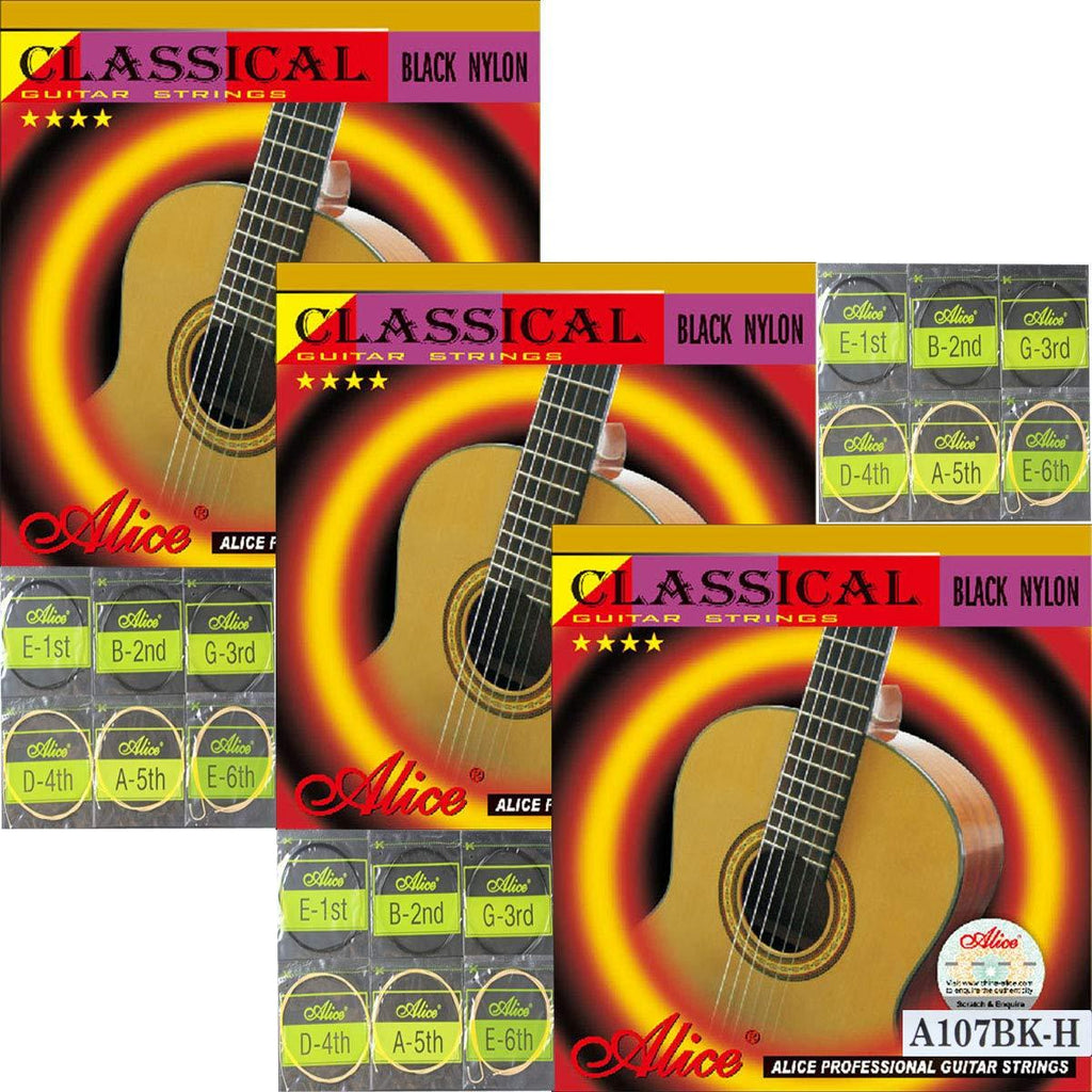 3 Packs Full Set Replacement Alice A107BK Hard Tension Black Nylon Gold-Plated Copper Alloy Wound Classical Guitar Strings (.0285 .0325 .041 .030 .036 .044)