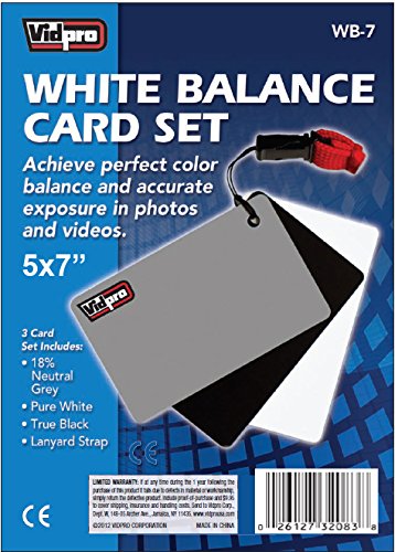 Vidpro WB-7 5"x7" Inch White Balance 3 Card Set with Lanyard Strap- Grey, Black, White in Blister