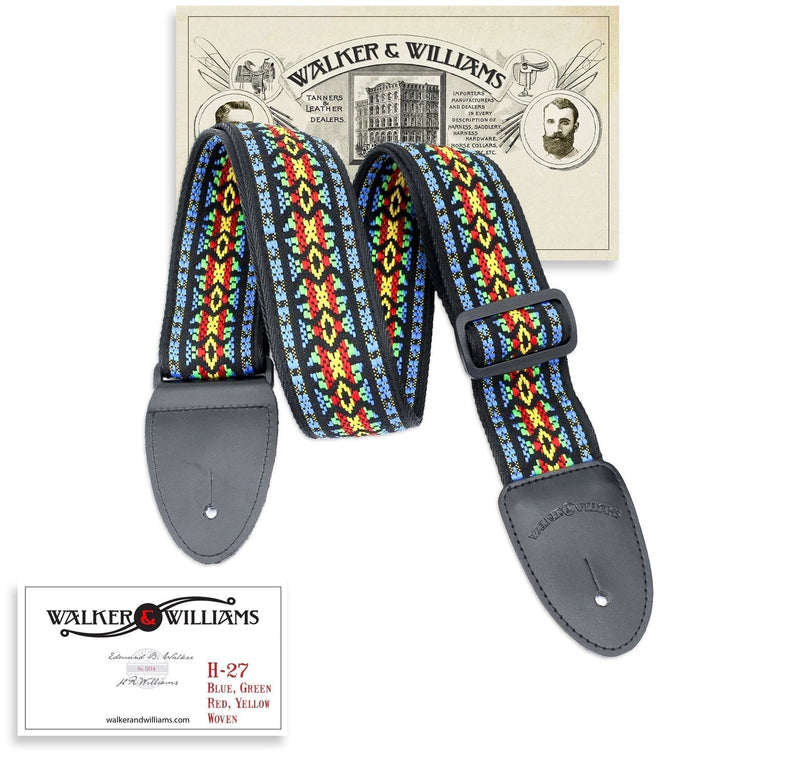 Walker & Williams H-27 Vintage Series Hootenanny Strap Blue, Green. Red, Yellow