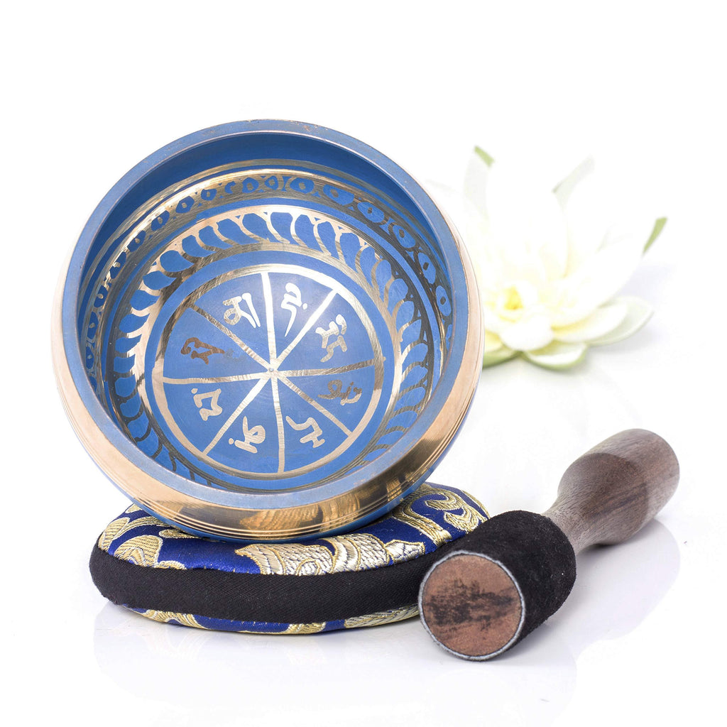 Tibetan Singing Bowl Set — Easy to Play with Cushion & New Dual-End striker for Holistic Healing, Calming & Mindfulness ~ Blue Color Design
