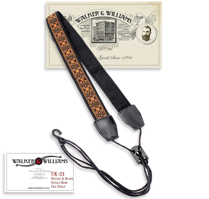 Walker & Williams UK-21 Orange & Black Woven Cotton & Nylon Adjustable Ukulele Strap for Any Size Uke