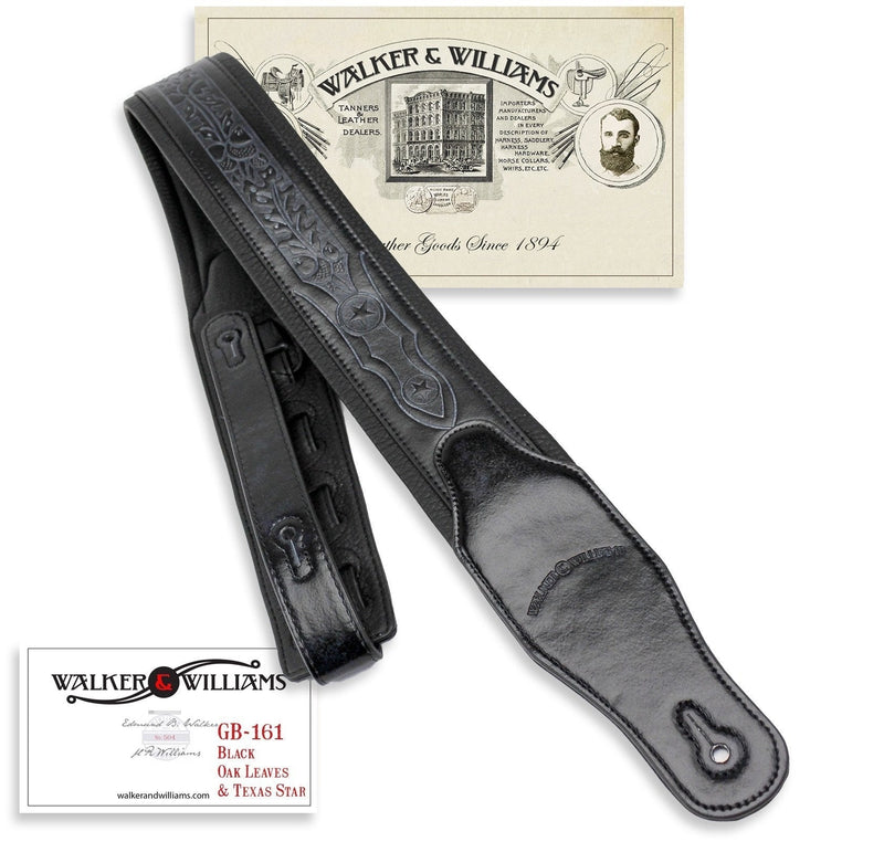 Walker & Williams GB-161 Black Padded Guitar Strap with Oak Leaves & Texas Star