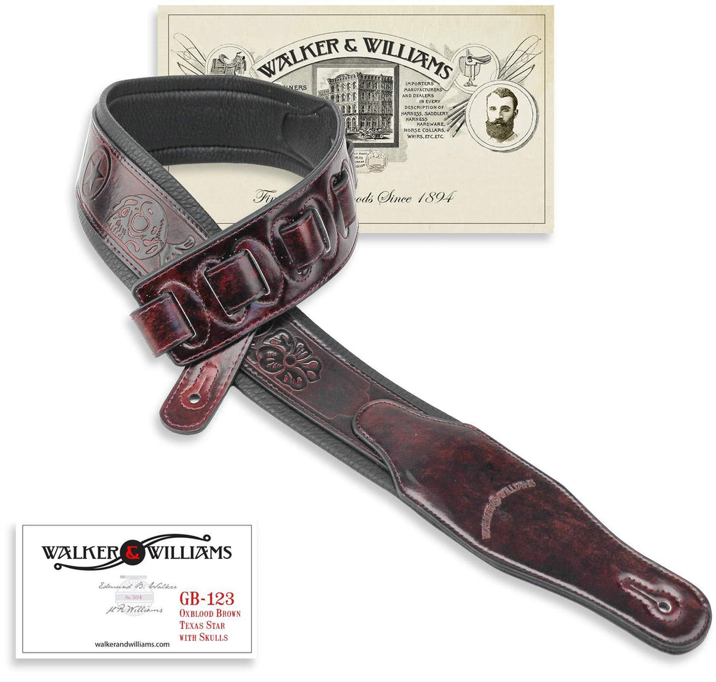 Walker & Williams GB-123 Oxblood Brown Padded Guitar Strap Texas Stars & Skulls