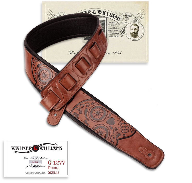 Walker & Williams GM-1277 Chestnut Brown Padded Guitar Strap with Embossed Skulls