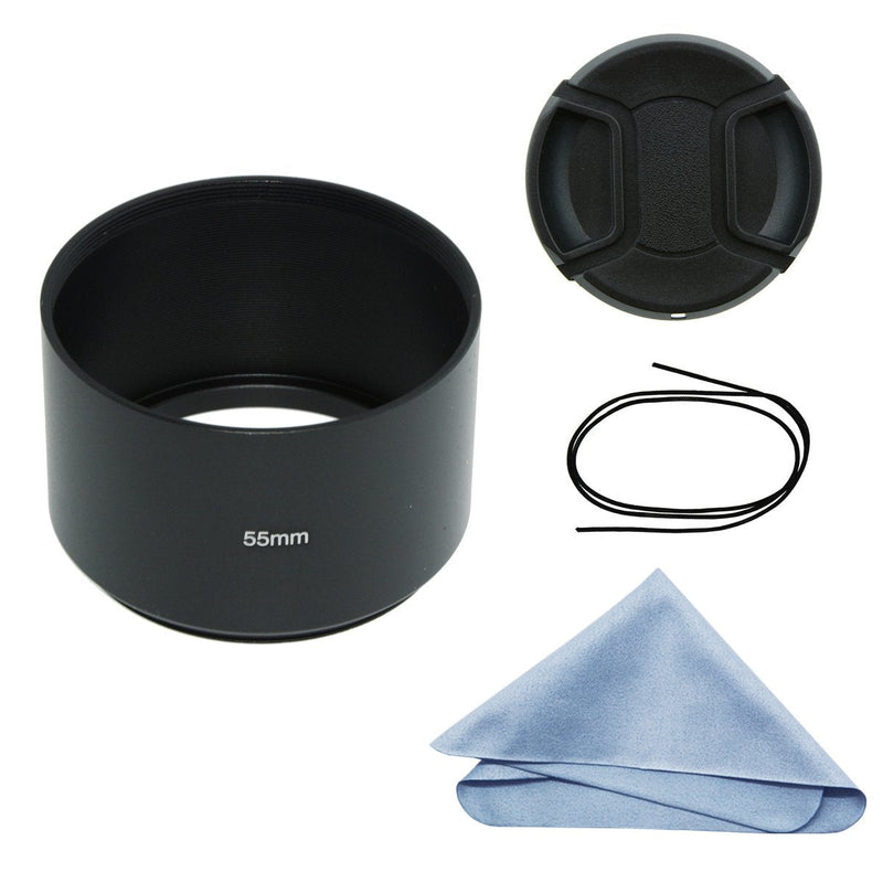 SIOTI Camera Long Focus Metal Lens Hood with Cleaning Cloth and Lens Cap Compatible with Leica/Fuji/Nikon/Canon/Samsung Standard Thread Lens 55mm