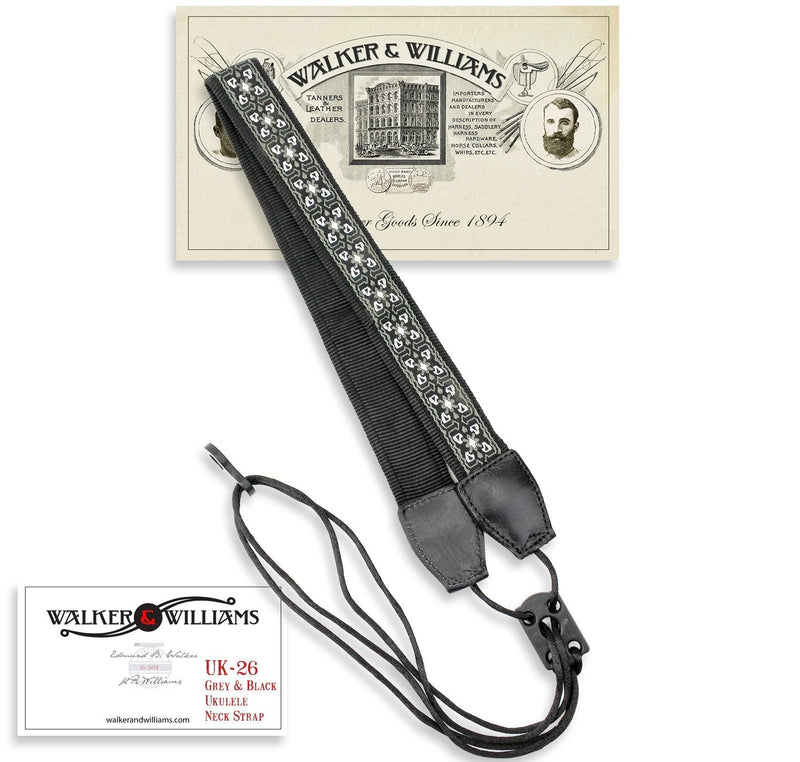 Walker & Williams UK-26 Grey, White & Black Woven Cotton & Nylon Adjustable Ukulele Strap for Any Size Uke