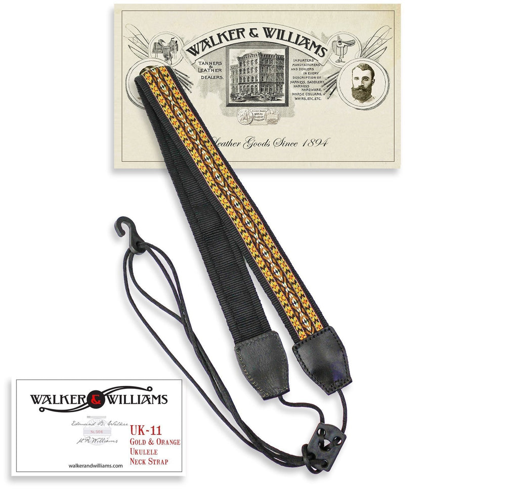 Walker & Williams UK-11 Gold & Yellow Woven Cotton & Nylon Adjustable Ukulele Strap for Any Size Uke