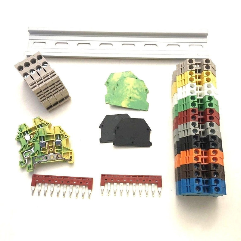 Every Color DIN Rail Terminal Block Kit Dinkle 20 DK4N 10 AWG Gauge 30A 600V Ground DK4N-PE Jumper DSS4N-10P End Covers End Brackets
