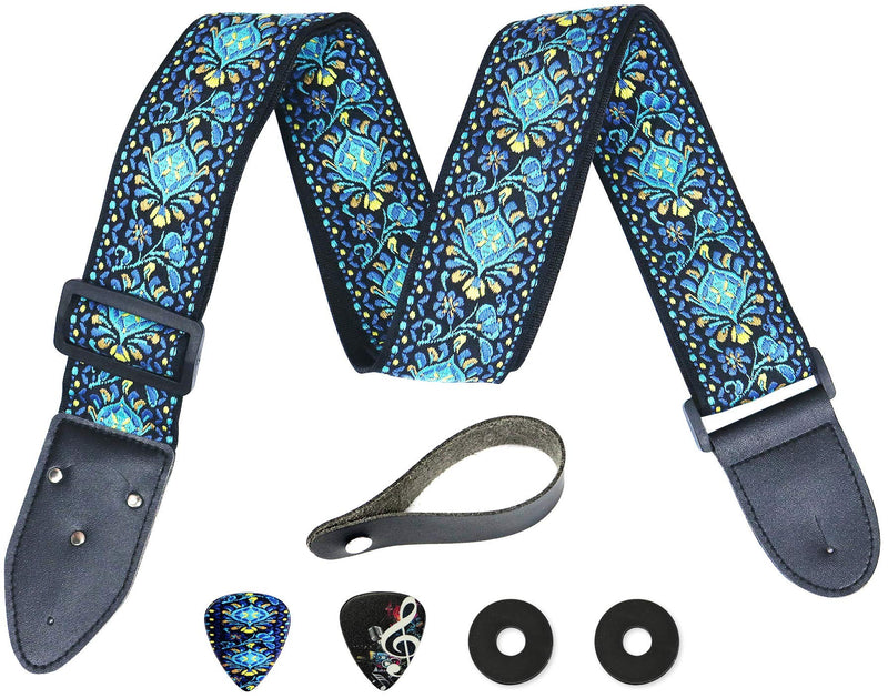 [AUSTRALIA] - Hootenanny Guitar Strap, Jacquard Weave Embroidered Strap Includes 2 Strap Locks & 2 Unique Picks. Adjustable Strap, Pick Pocket, For Bass, Electric & Acoustic Guitars Gift for Men & Women Blue Woven 