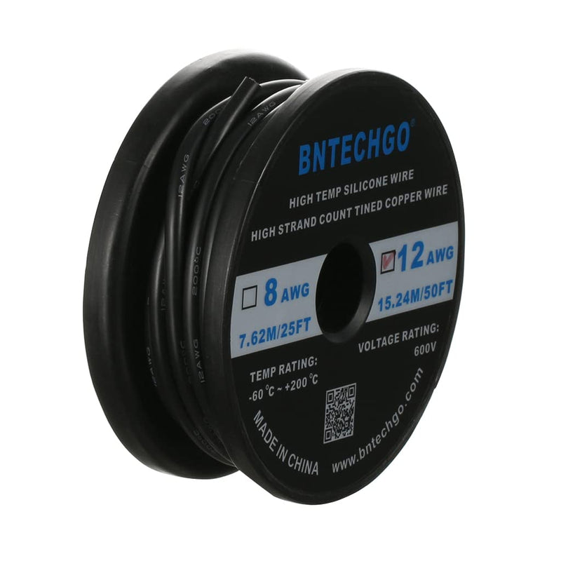 BNTECHGO 12 Gauge Silicone Wire Spool 50 ft Black Flexible 12 AWG Stranded Tinned Copper Wire 12 gauge silicone wire 50ft silicone wire black