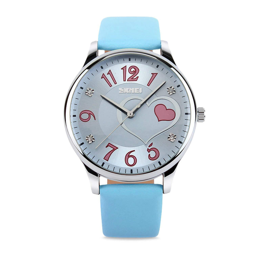 IJAHWRS Girls Analog Watch, Fashion Lady Quartz Wrist Watch Leather Band Big Face Fun Cute Watches with Lovely Heart Shape Waterproof - Blue