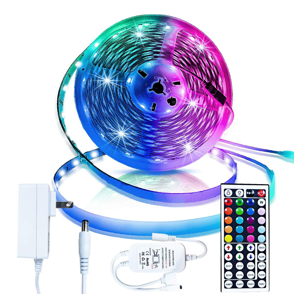 Led Strip Lighting 5M 16.4 Ft 5050 RGB Flexible Color Changing Full Kit with 44 Keys IR Remote Controller, Control Box,12V 2A Power Supply,Not-Waterproof 16.4FT