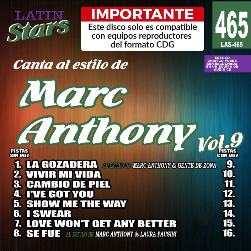 Karaoke Latin Stars 465 Marc Anthony Vol. 9 - Importante: Este disco solo es compatible con reproductores del formato CDG
