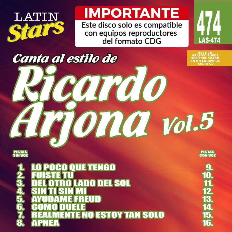 Karaoke Latin Stars 474 Ricardo Arjona Vol. 5 - Importante: Este disco solo es compatible con reproductores del formato CDG