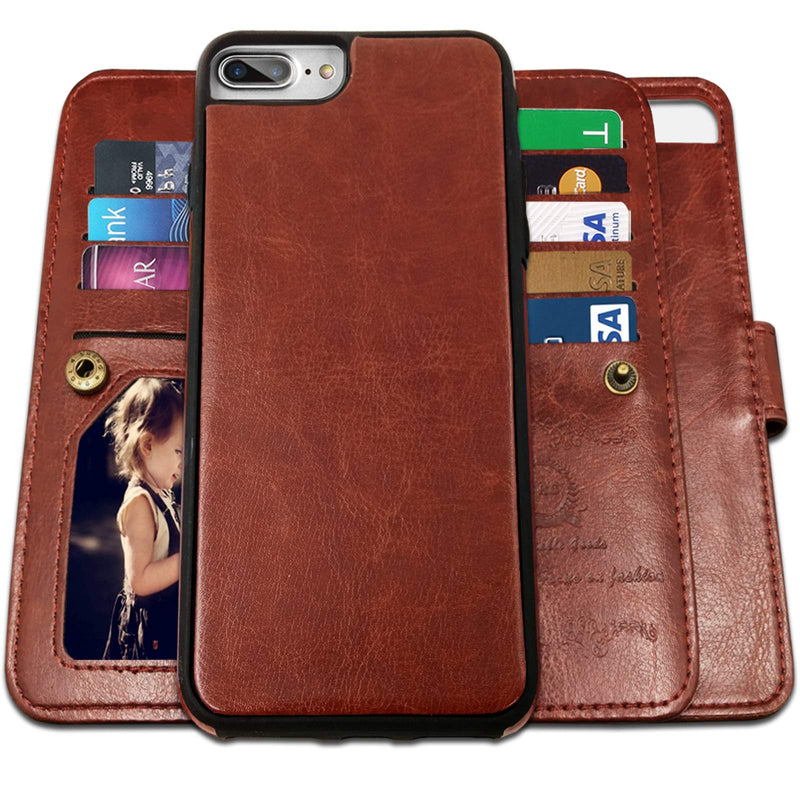iPhone 8 Plus Case, iPhone 7 Plus Wallet Cases with Detachable Slim Case with 9 Card Slots,Stands,Strap for iPhone 7 Plus(2016)/8 Plus(2017), CASEOWL 2 in 1 Folio Leather Removable TPU Case(Brown) Brown[i8+|i7+]-Choose Correct Size