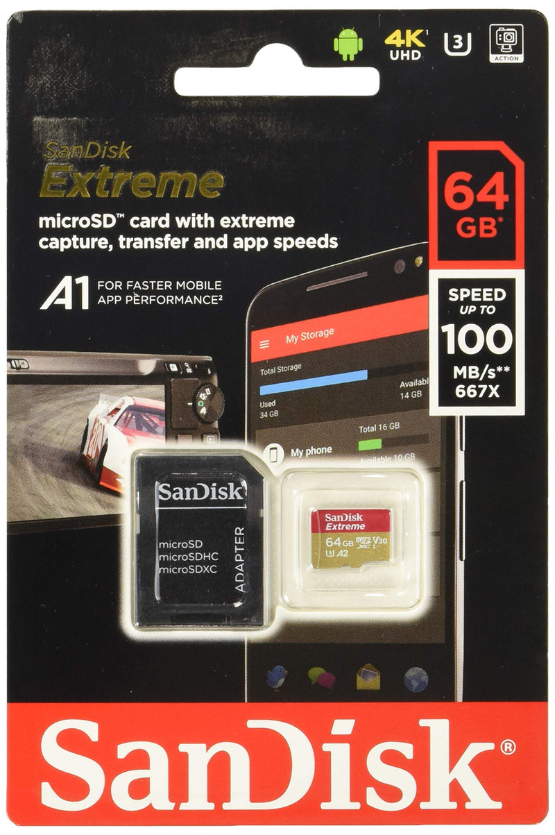 SanDisk Extreme 64GB microSD, microSDHC, microSDXC, 4K UHD- SDSQXA2-064G-GN6MA, A1/A2