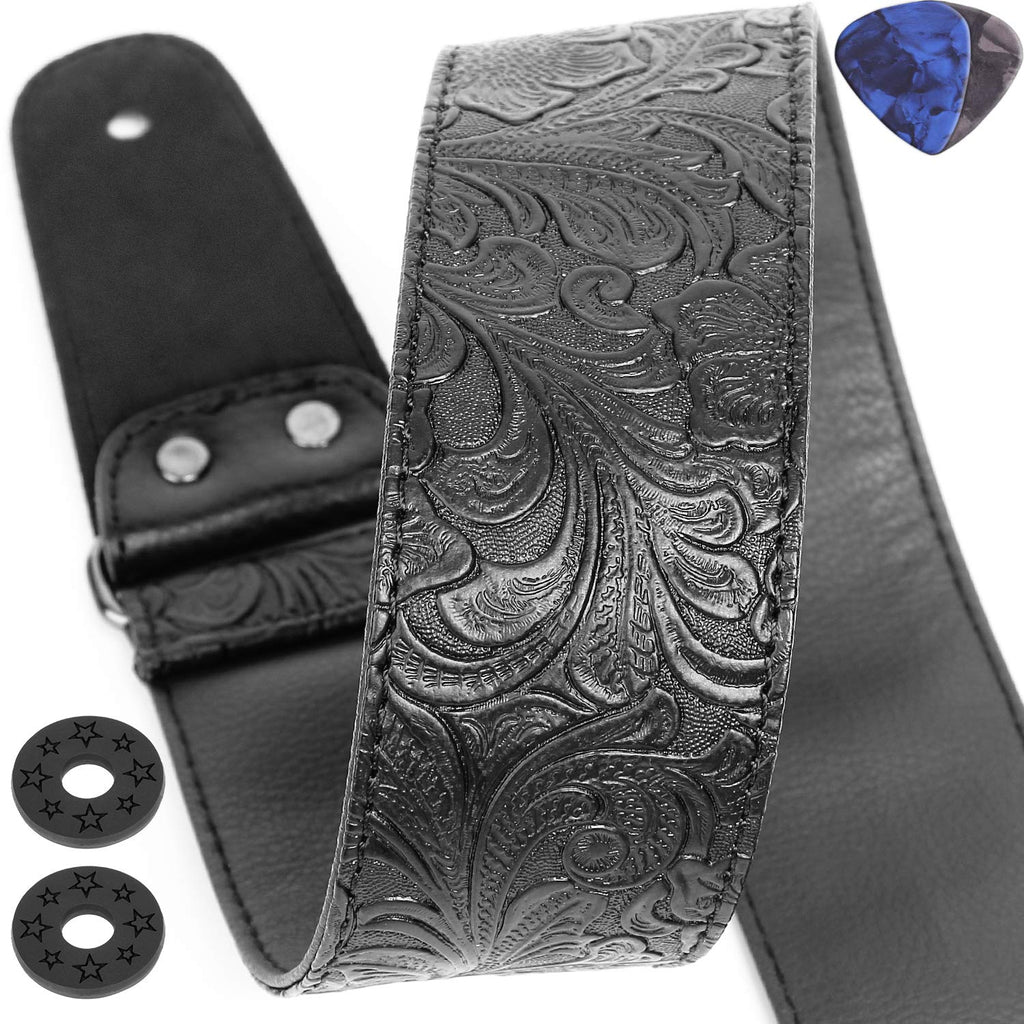 Guitar Strap, Printed Leather Guitar Strap PU Leather Western Vintage 60's Retro Guitar Strap with Genuine Leather Ends for Electric Bass Guitar,Wide Adjustment Range, with Tie,Include 2 Picks,Black Black