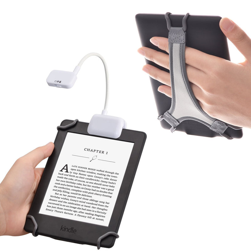 TFY Clip-on LED Reading Light with 2 Levels of Lumen Intensity for Kindle, Other e-Readers, Tablets, Books Plus Bonus Hand Strap Holder for 6 inch Kindle e-Readers - White
