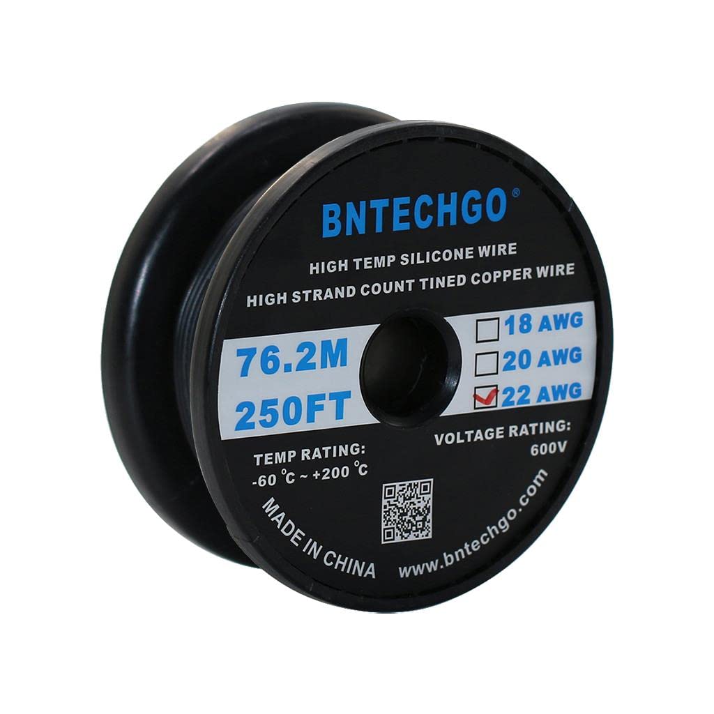 BNTECHGO 22 Gauge Silicone wire spool 250 ft Black Flexible 22 AWG Stranded Tinned Copper Wire silicone wire 250ft silicone wire black