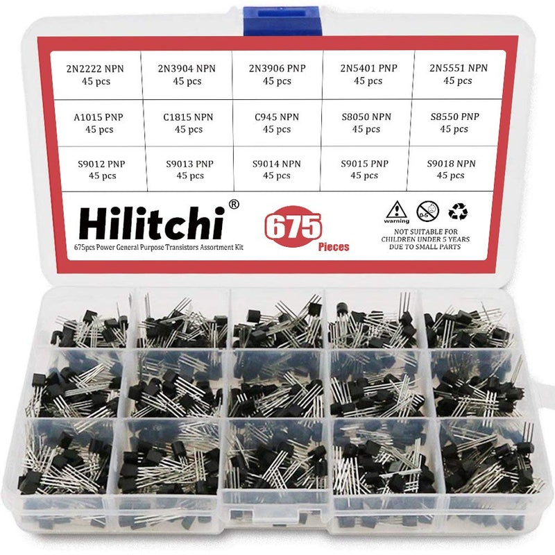 Hilitchi 675-Piece 15 Values 2N2222-S9018 NPN PNP Power General Purpose Transistors Assortment Kit