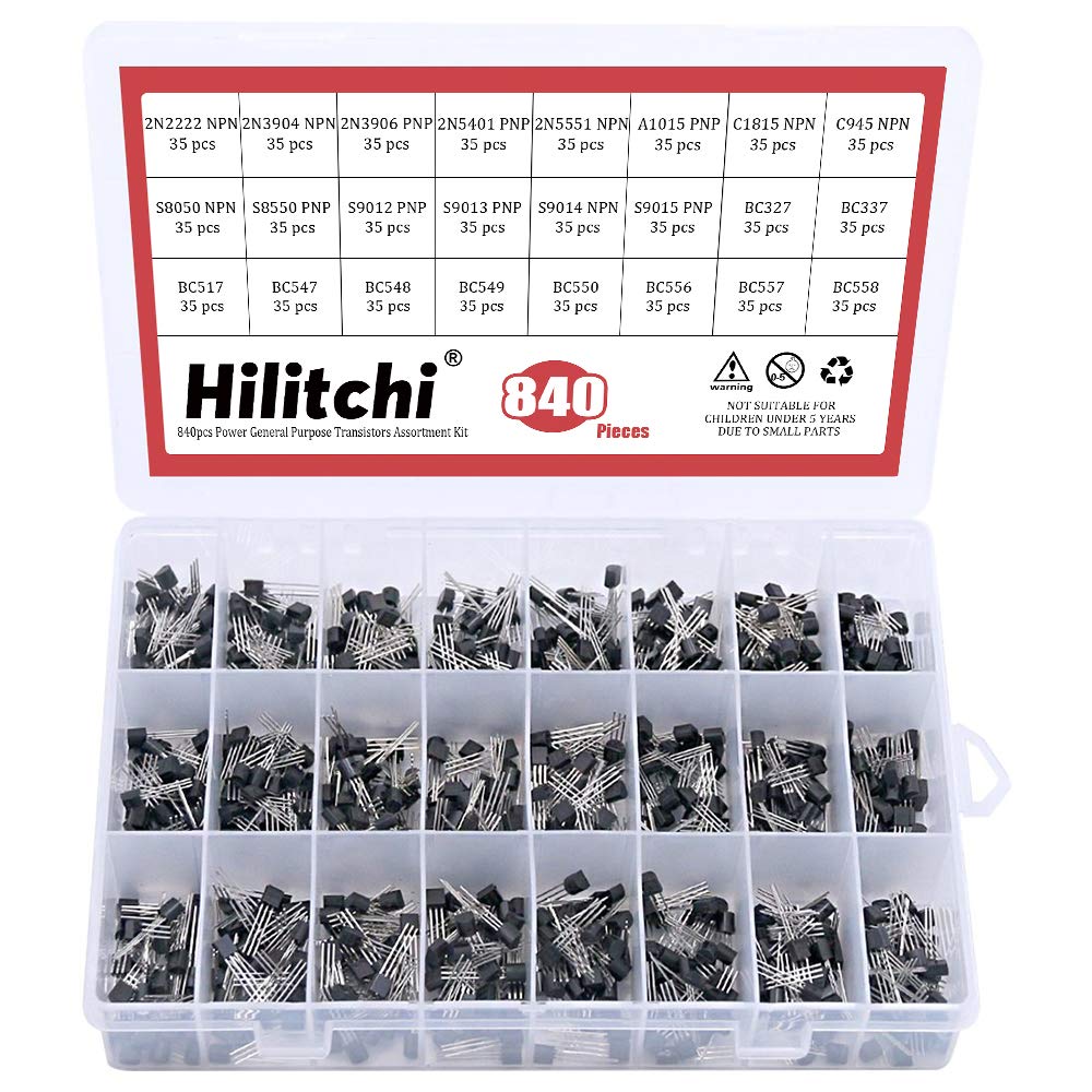 Hilitchi 24-Values 2N2222-S9018 / BC327-BC558 NPN PNP Power General Purpose Transistors Assortment Kit - Pack of 840