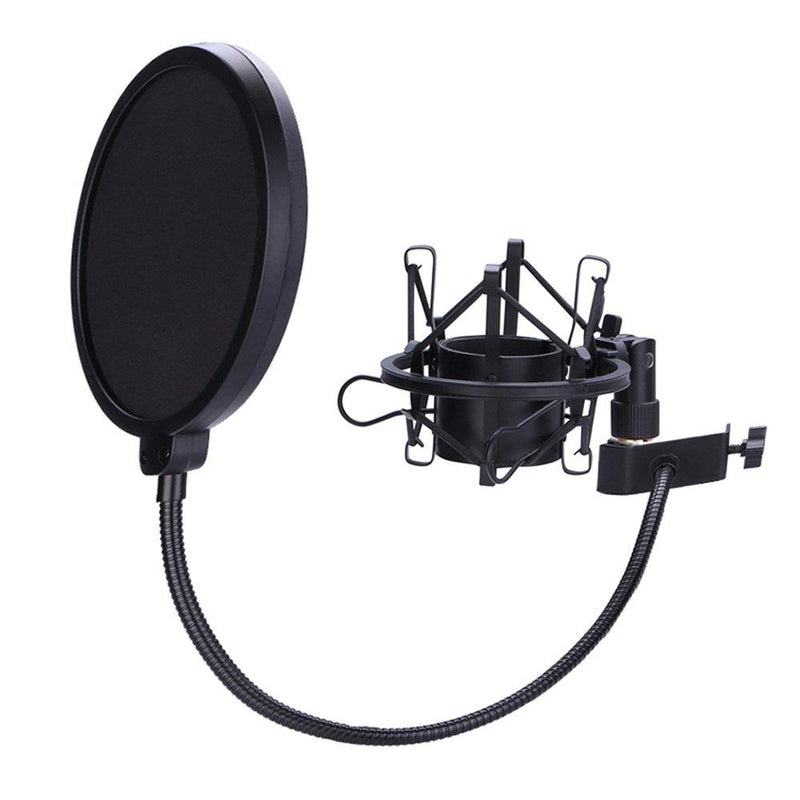 Microphone Shock Mount with 6 Inch Mic Round Shape Wind Pop Filter Mask Shield, Mic Anti-Vibration Suspension Shock Mount Holder Clip for Diameter 1.8inches to 2.1 inches Microphone