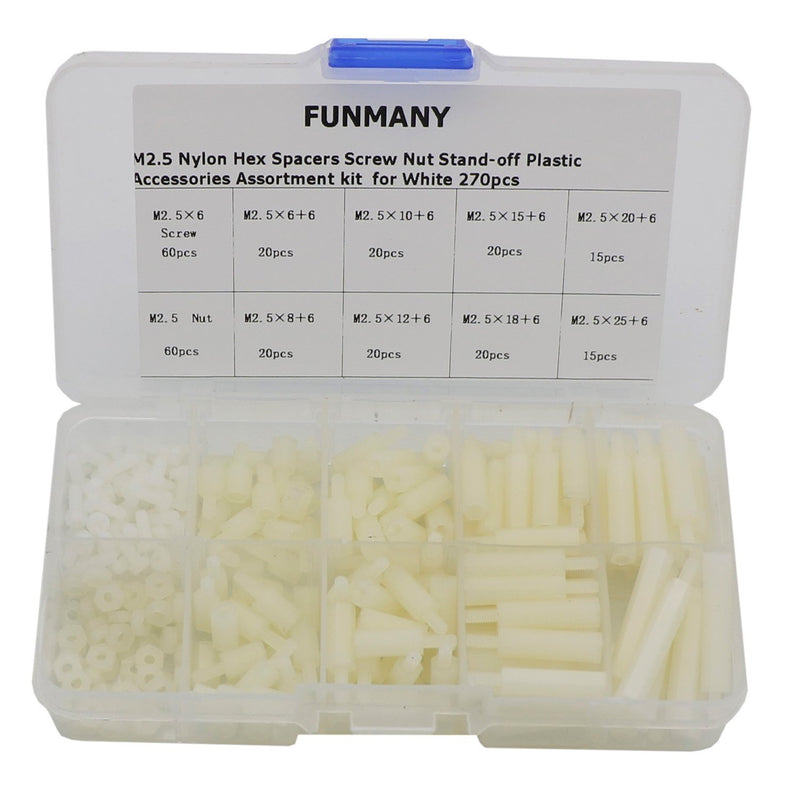 270 Pcs M2.5 Nylon Hex Spacer Standoffs Screws Nuts Assortment Kit,Male Female White