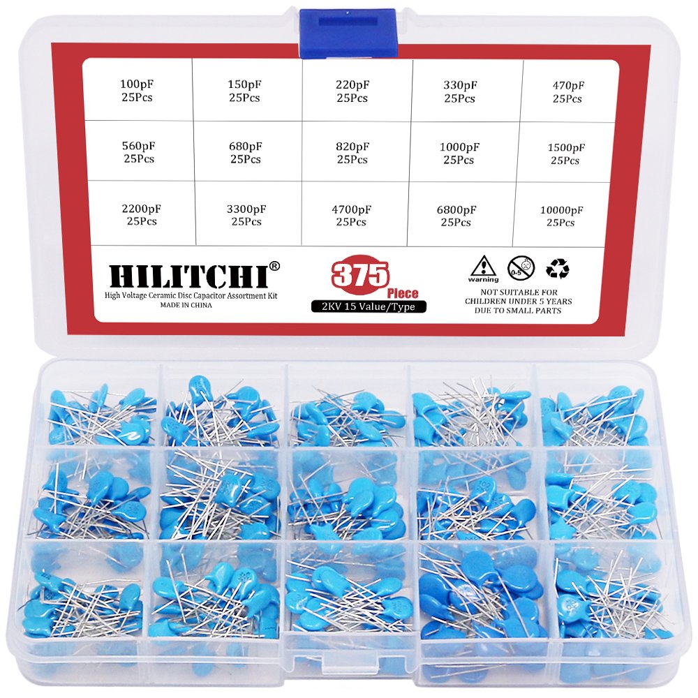 Hilitchi 375-Piece [2KV 100pF - 10000pF] DIP High Voltage Ceramic Capacitor Assortment Kit - 15 Value