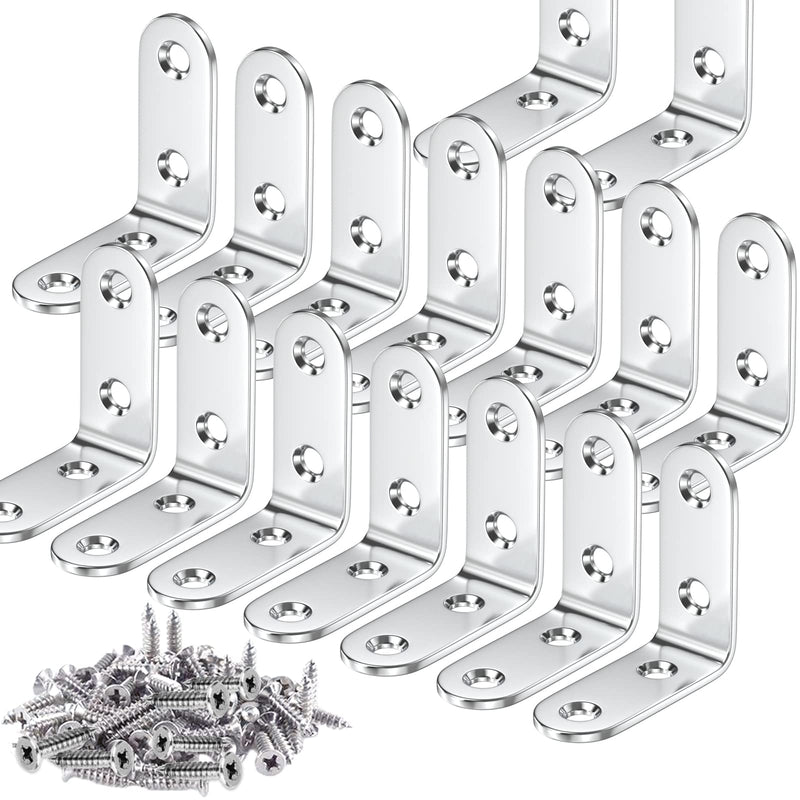 16PCS L Bracket Corner Brace Double Holes Brackets for Wood, Teenitor Metal Corner Bracket, 1.57x1.57 Inch Stainless Steel Right Angle Bracket for Wood Furniture Chair Drawer Cabinet with 64PCS Screws