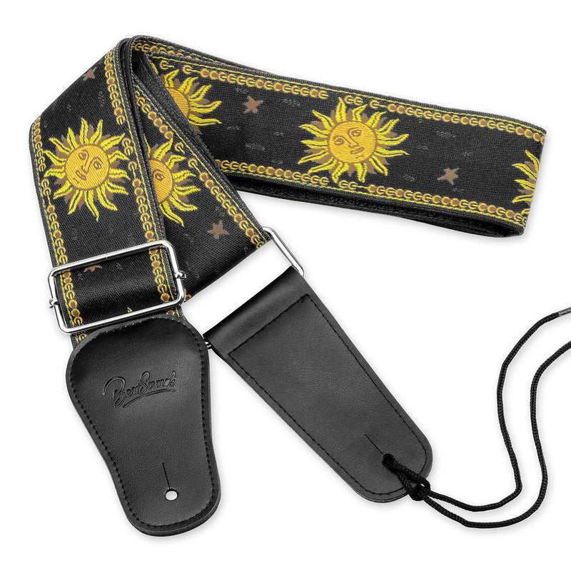 BestSounds Guitar Strap Sun Jacquard Woven Strap With Genuine Leather Ends Guitar Shoulder Strap for Bass, Acoustic,Classical & Electric Guitar (Black)
