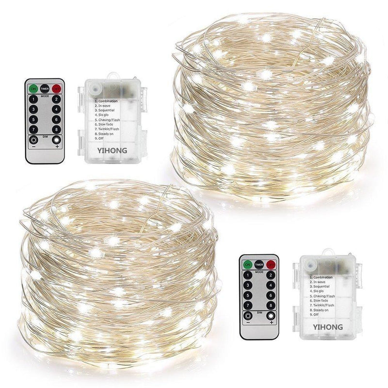 [AUSTRALIA] - YIHONG 2 Set Christmas Fairy Lights Battery Operated,16ft 50LED String Lights Remote Control Timer Twinkle String Lights 8 Modes Silver Wire Firefly Lights for Garden Party Indoor Decor-White White 