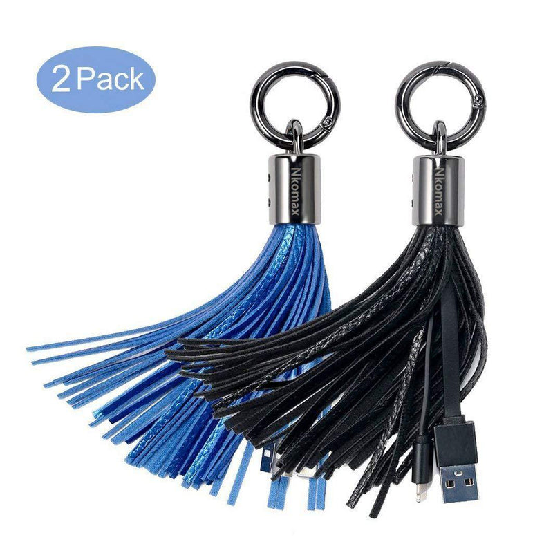 Lightning to USB Keychain Cable Leather Tassel with 7-Inch 2.4 Amp Lightning ChargeSync Cable for iPhone, iPad (Black Blue) L-Blue Black
