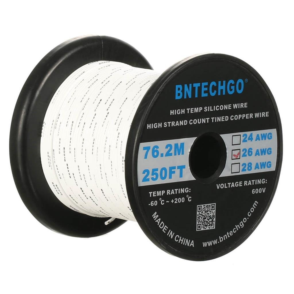 BNTECHGO 26 Gauge Silicone wire spool 250 ft White Flexible 26 AWG Stranded Tinned Copper Wire silicone wire 250ft silicone wire white