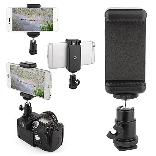 360° Ball Head Hot Shoe Adapter Mount + Cell Phone Holder Clip for DSLR Camera