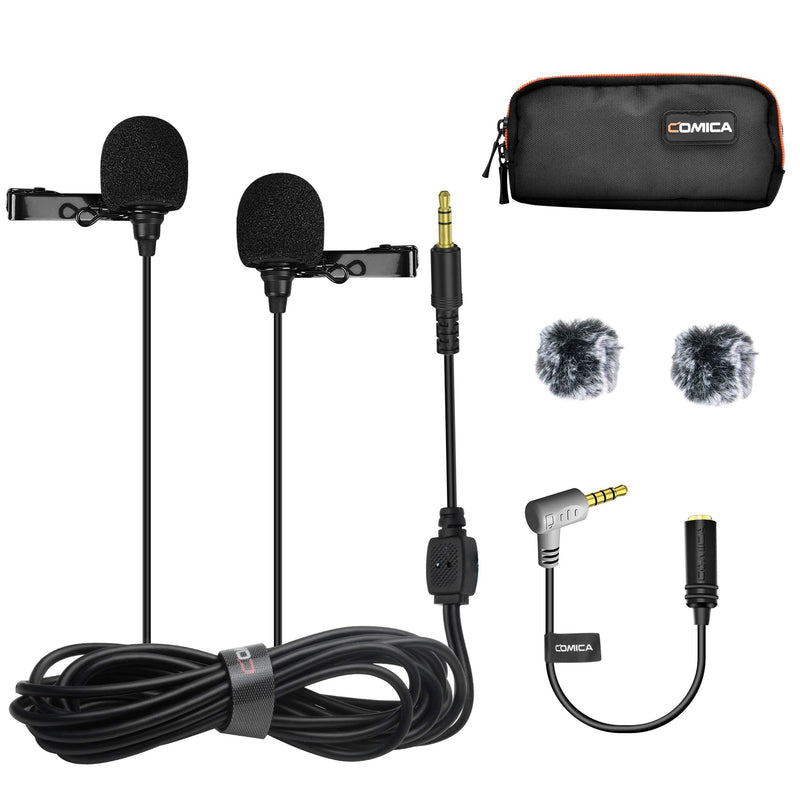 Comica CVM-D02 Dual Lavalier Microphones,Omnidirectional Condenser Hands-free Clip-on Lapel Mic with 3.5mm TRS Connector,Lav mic for Camera,DSLR,iPhone,Android,Huawei,Sony,PC, Laptop(Black)(4.5meters) 14.7ft Black