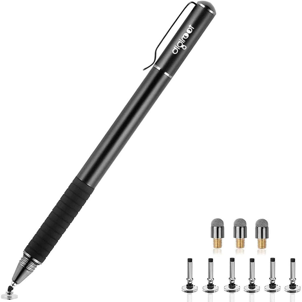Digiroot Universal Stylus,[2-in-1] Disc Stylus Pen Touch Screen Pens for All Touch Screens Cell phones, iPad, Tablets, Laptops with 9 Replacement Tips(6 Discs, 3 Fiber Tips Included) - (Black) Black