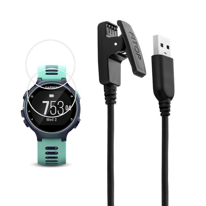JIUJOJA for Garmin Forerunner 735xt Charger Charging Clip Synchronous Data Cable and 2Pcs Free HD Tempered Glass Screen Protector Replacment Charger for Garmin Forerunner 735 Smart Watch
