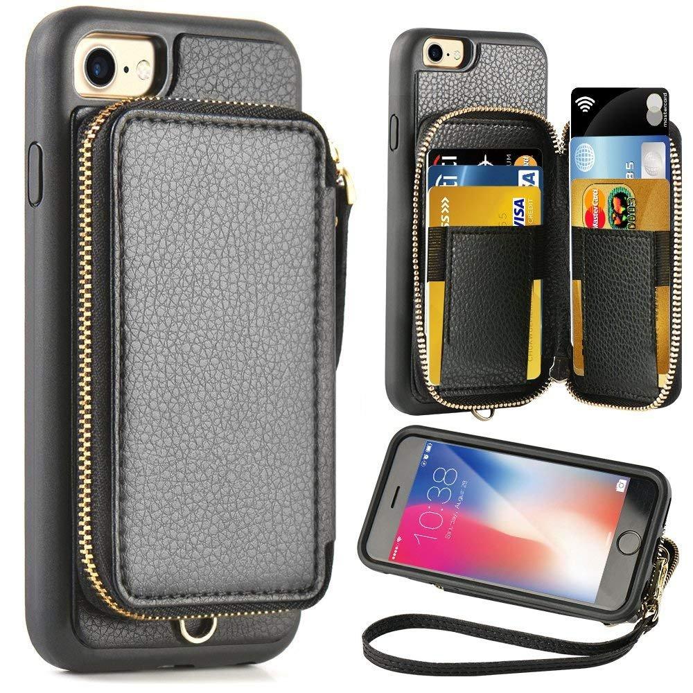 ZVE Case for Apple iPhone 8 and iPhone 7, 4.7 inch, Leather Wallet Case with Credit Card Holder Slot Zipper Wallet Pocket Purse Handbag Wrist Strap Protective Cover for iPhone 8/7/SE(2020) - Black
