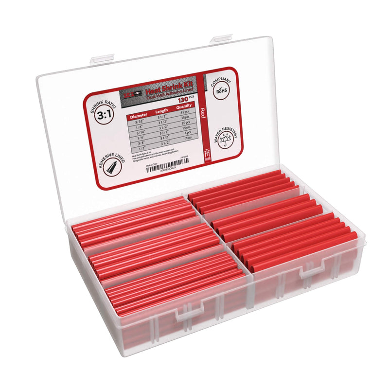 130 PC. Dual Wall Adhesive Marine Heat Shrink Kit - 3:1 Shrink Ratio - Red 3.5 Inch - Assortment - Red