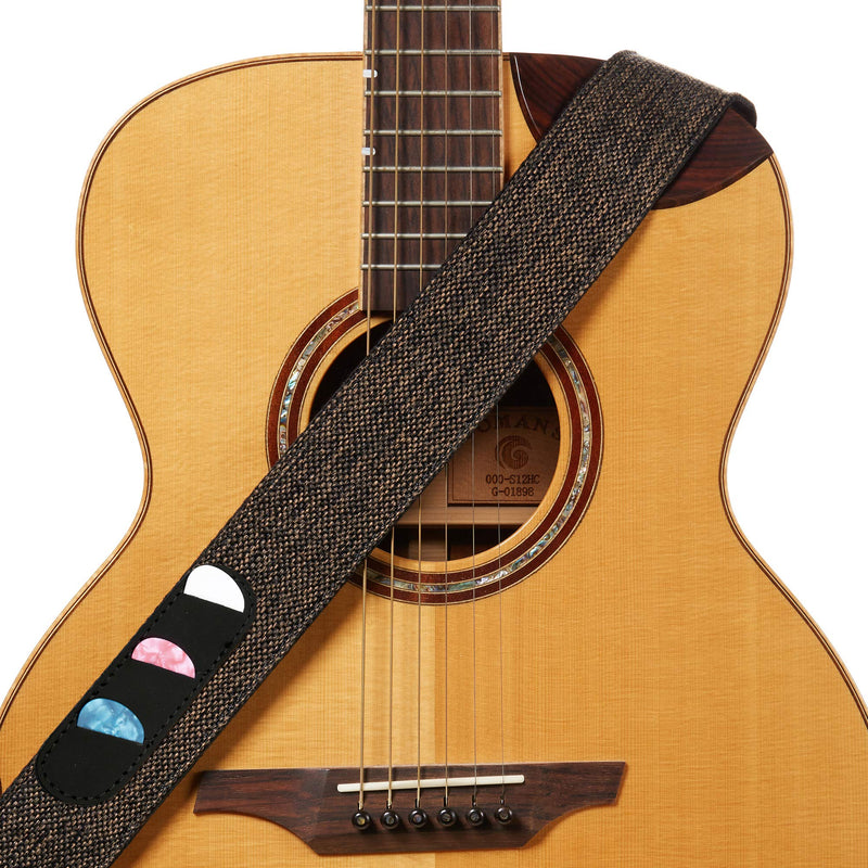 Amumu Guitar Strap Cotton Linen Woven Brown W/pick holder for Acoustic, Electric and Bass Guitars with Strap Blocks & Headstock Strap Tie - 2" Wide