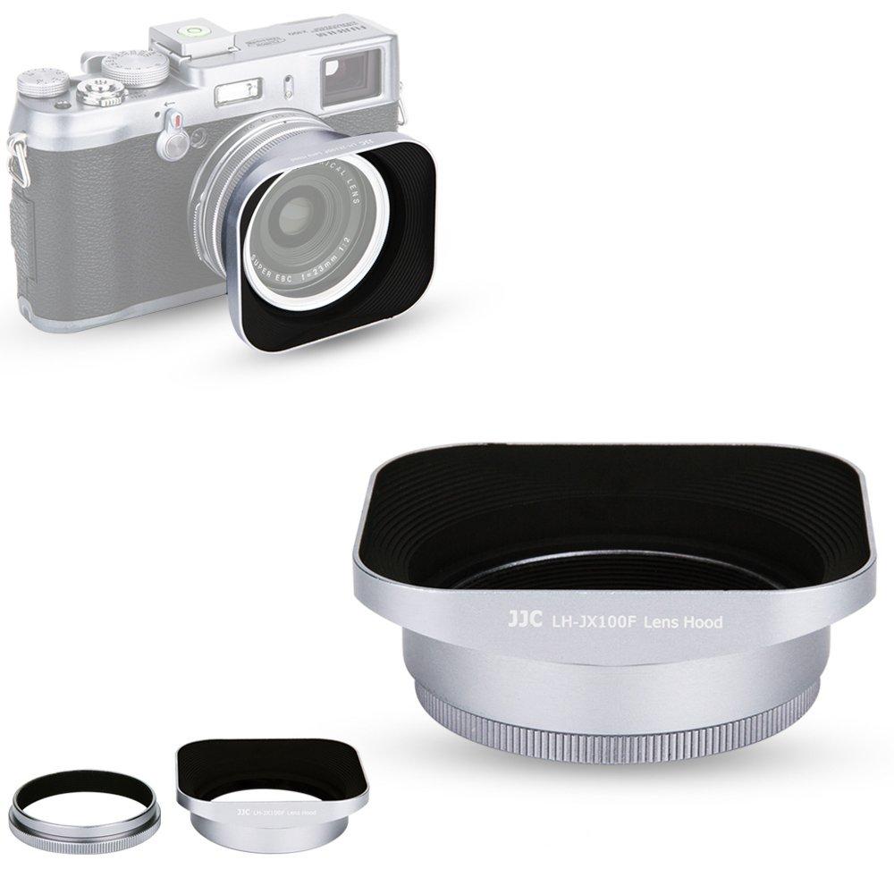 JJC LH-X100 Reversible Lens Hood Sun Shade with 49mm Filter Adapter Ring for Fuji Fujifilm X100V X100F X100T X100S X100 Digital Camera, Metal Material and Silver Color Square Size(Reversible)