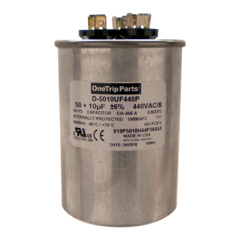 OneTrip Parts USA Run Capacitor 50+10 UF 50/10 MFD 370 VAC / 440 VAC 2-1/2 Inch Round Heavy Duty