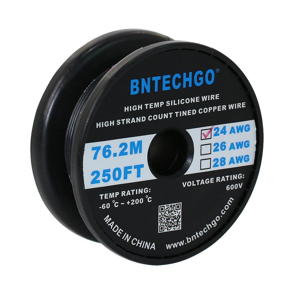 BNTECHGO 24 Gauge Silicone wire spool 250 ft Black Flexible 24 AWG Stranded Tinned Copper Wire silicone wire 250ft Silicone Wire Black