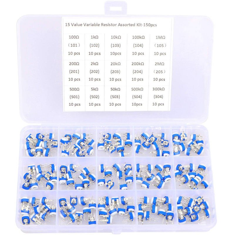 150 Pcs 15 Value 100 ohm- 2M ohm Trimpot Variable Resistor 6mm Potentiometer Assortment Kit