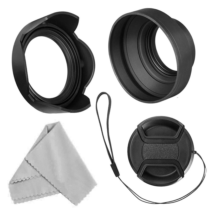 Veatree 58mm Lens Hood Set, Collapsible Rubber Lens Hood with Filter Thread + Reversible Tulip Flower Lens Hood + Center Pinch Lens Cap + Microfiber Lens Cleaning Cloth