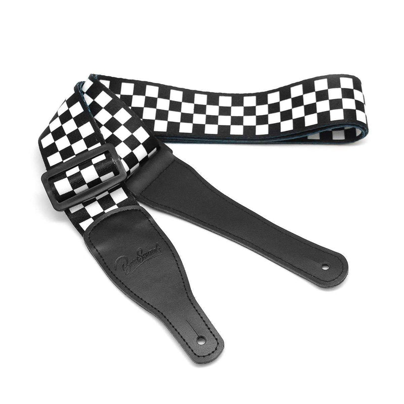BestSounds Checkered Guitar Strap & Genuine Leather Ends Guitar Shoulder Strap,Suitable For Bass, Electric & Acoustic Guitars (Black and White Checkered)