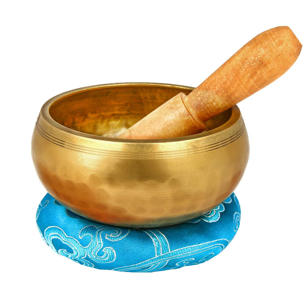 Reehut 4.2'' Tibetan Meditation Yoga Singing Bowl Set, Hand Hammered Singing Bowl With Mallet & Silk Cushion, For Meditation, Chakra Healing, Prayer, Yoga and Mindfulness Dark Brown Mallet