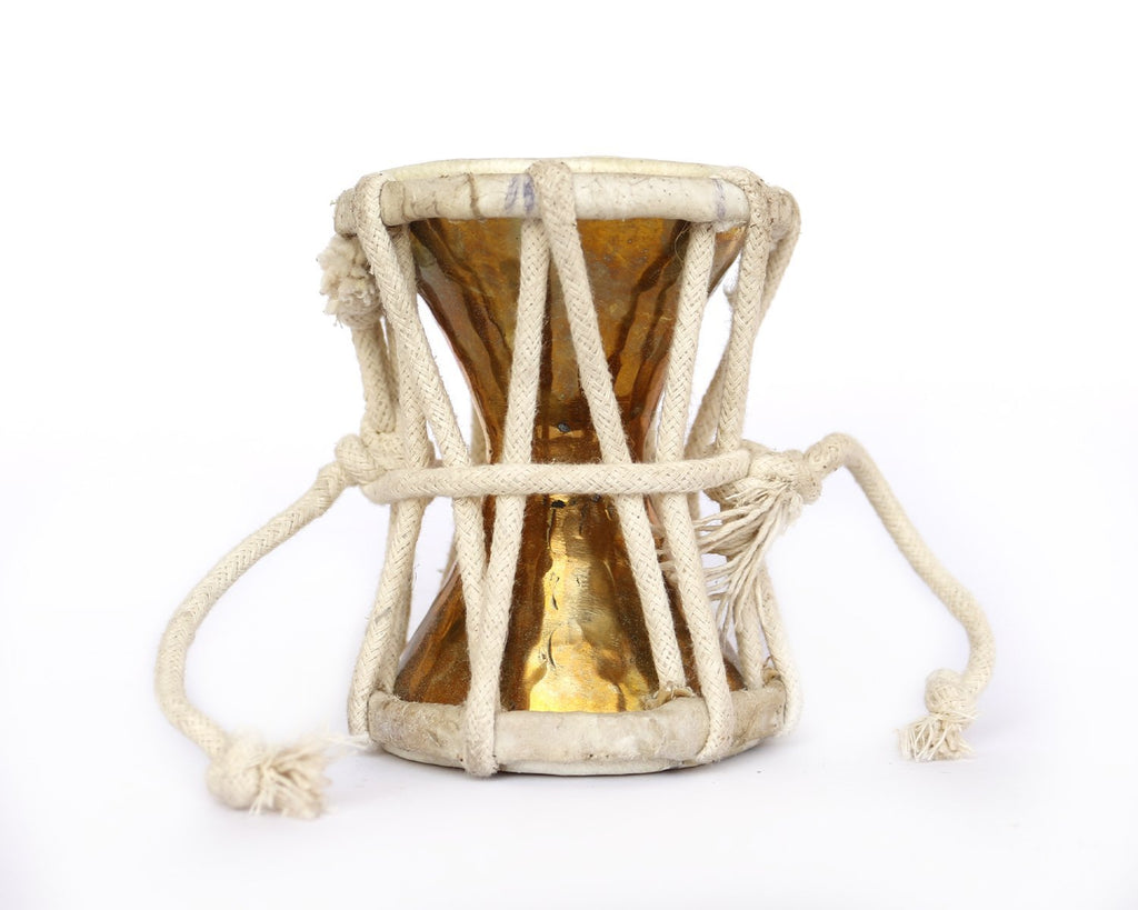 De Kulture Works Hand Hammered Brass Damru Mini Handheld Drum/Folk Musical Instruments 4X3 DH (Inches) (Gold)