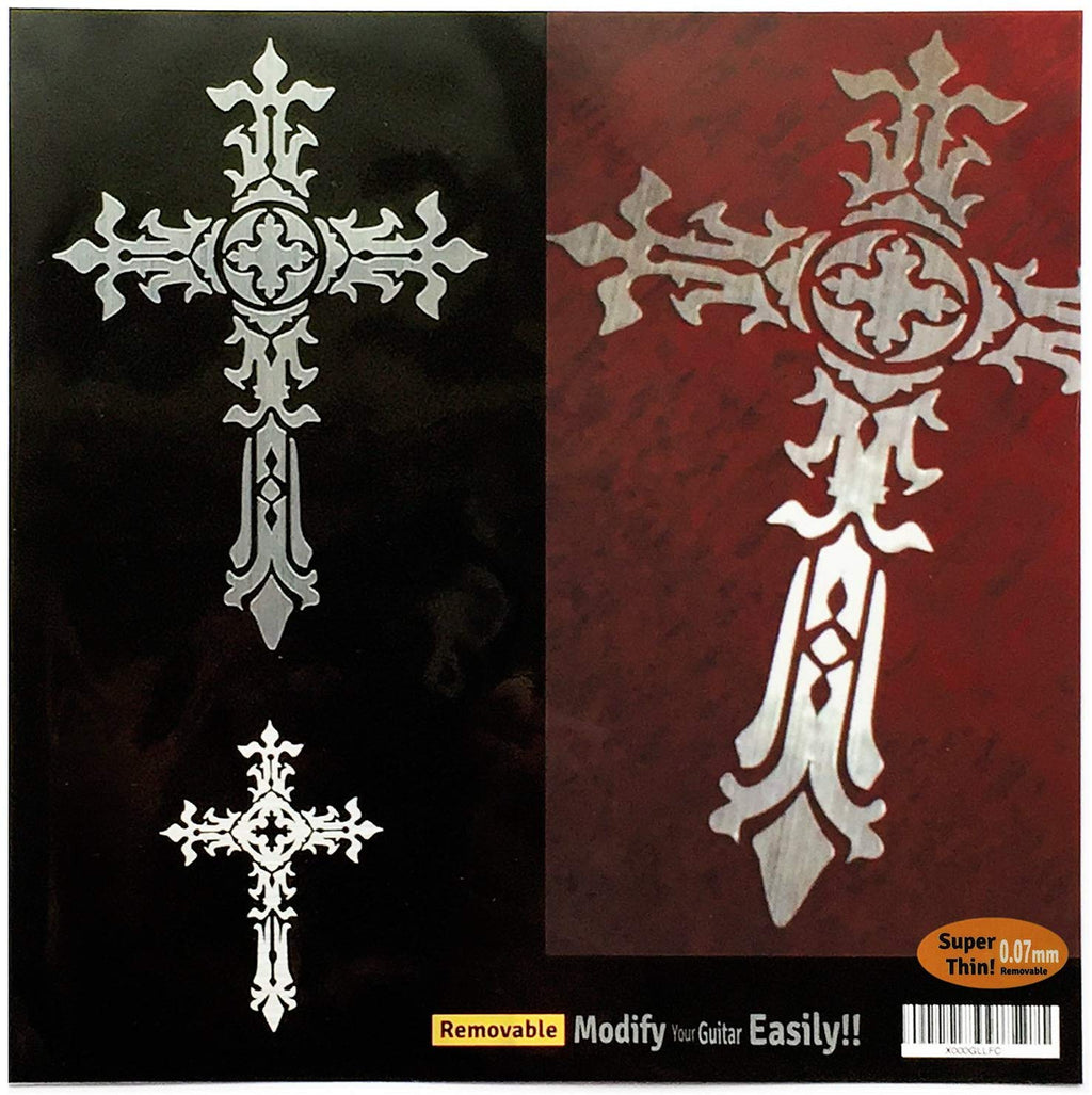 Metallic Gothic Cross (large and small) Set Inlay Sticker Decal Guitar & Bass